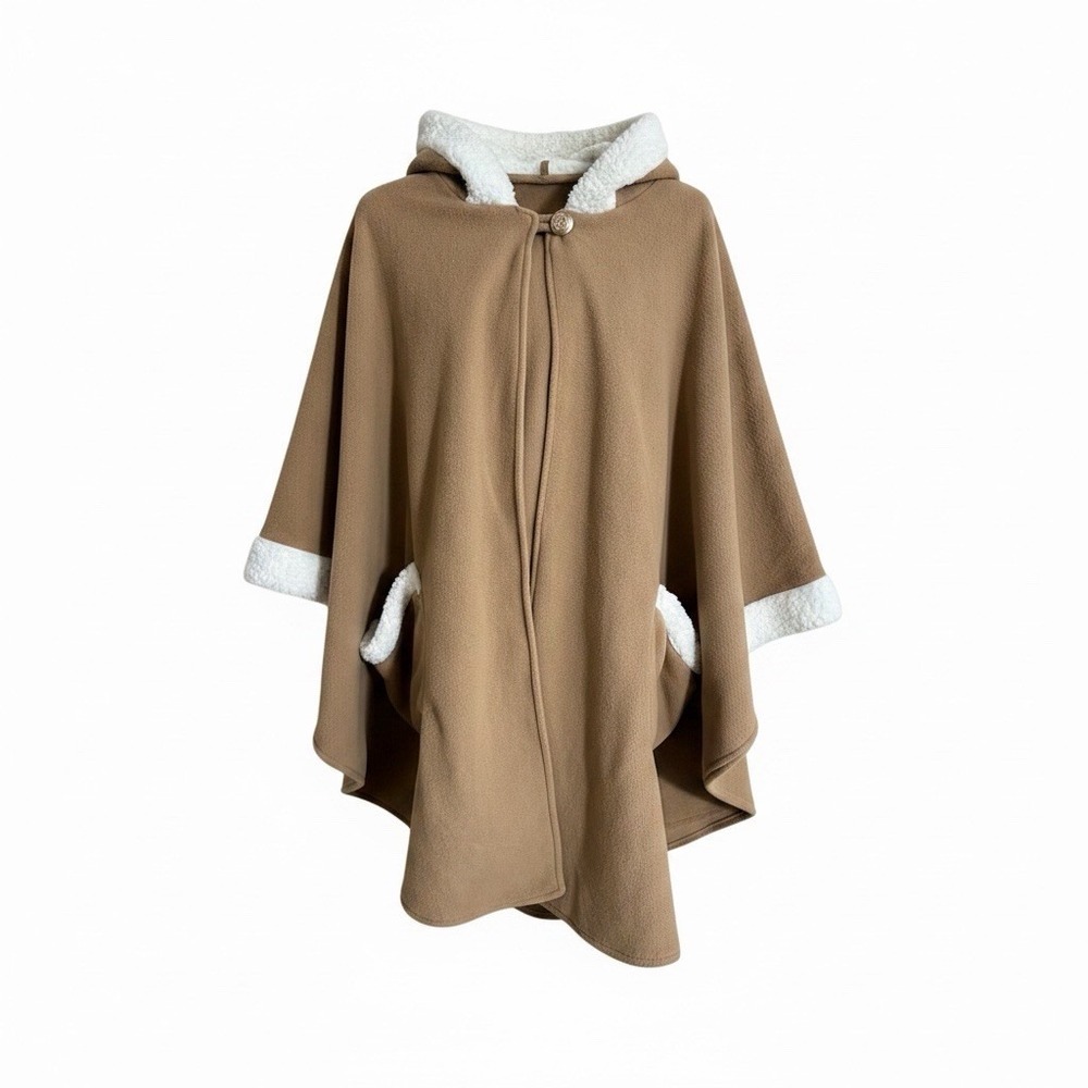 Cottagecore Cape Coat Fleece Poncho Le Moda Camel Sherpa Trim Cozy Boho Winter